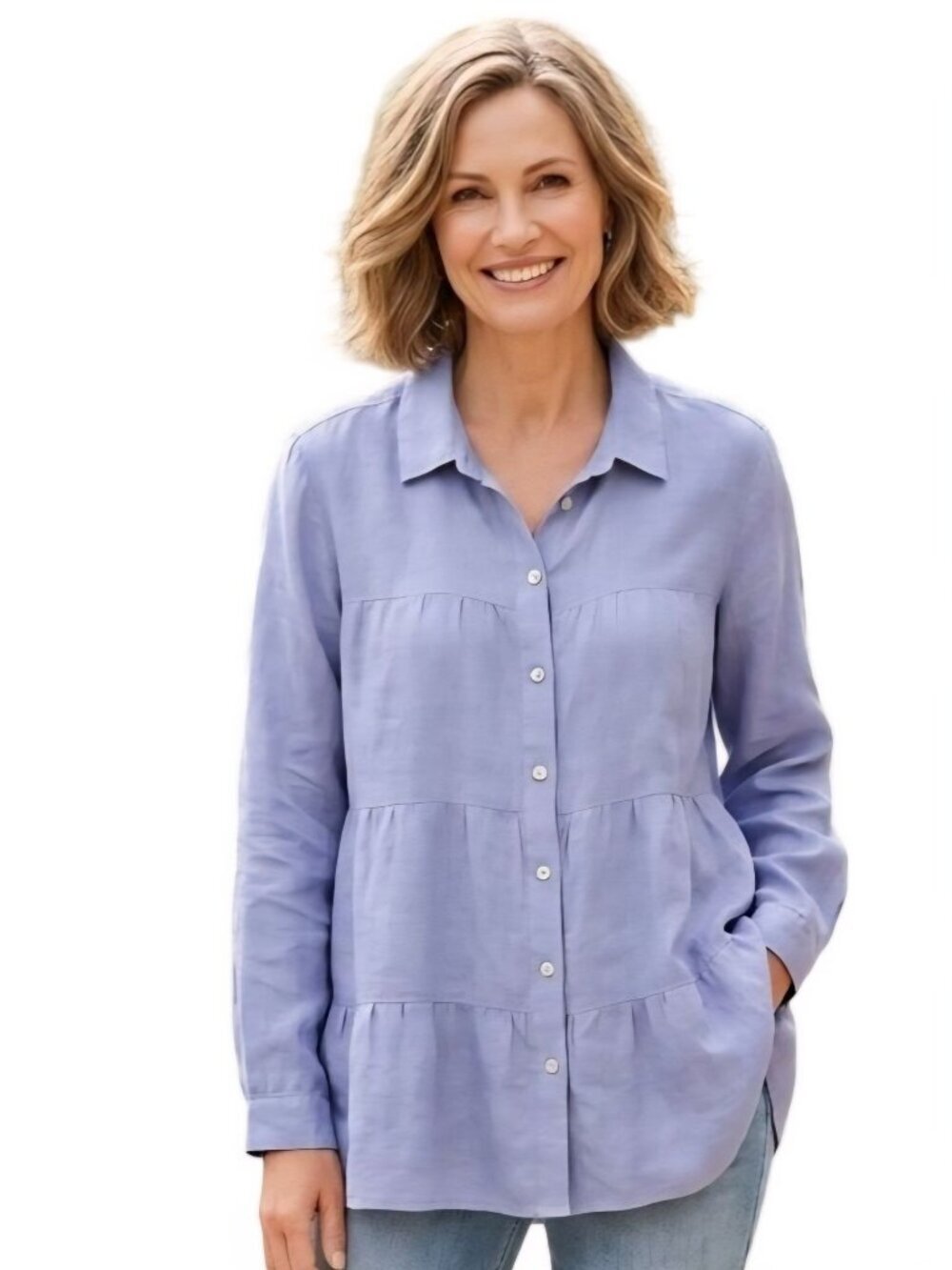 J. Jill Love Linen Blue Tiered Linen Button Down Blouse Size XL